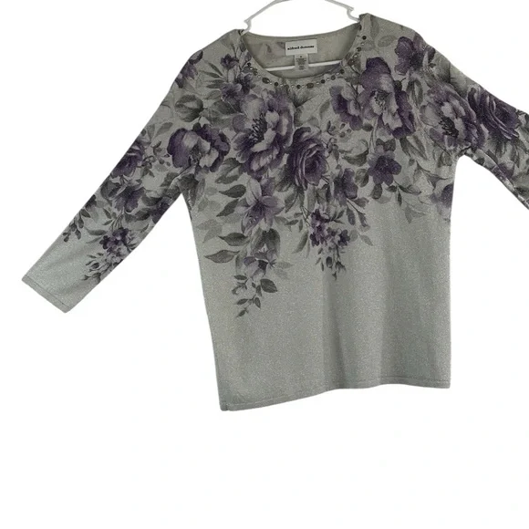 Women’s Floral Glitter Knit Top with Embellished Neckline - Purple/Gray - Picture 7 of 16